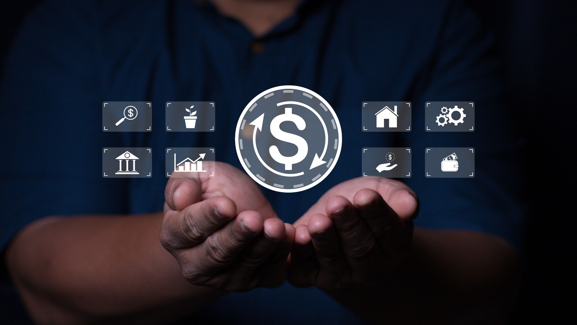 Businessman holding investment icon on virtual screen for fund financial investment management portfolio diversification