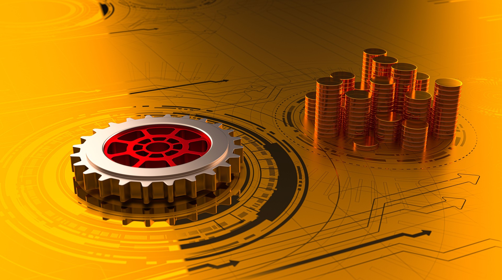 Silver Gear on a Gold Digital Surface Next to a Pile of Gold Coins – Innovation and Advancement in Financial Technology 3D Rendering