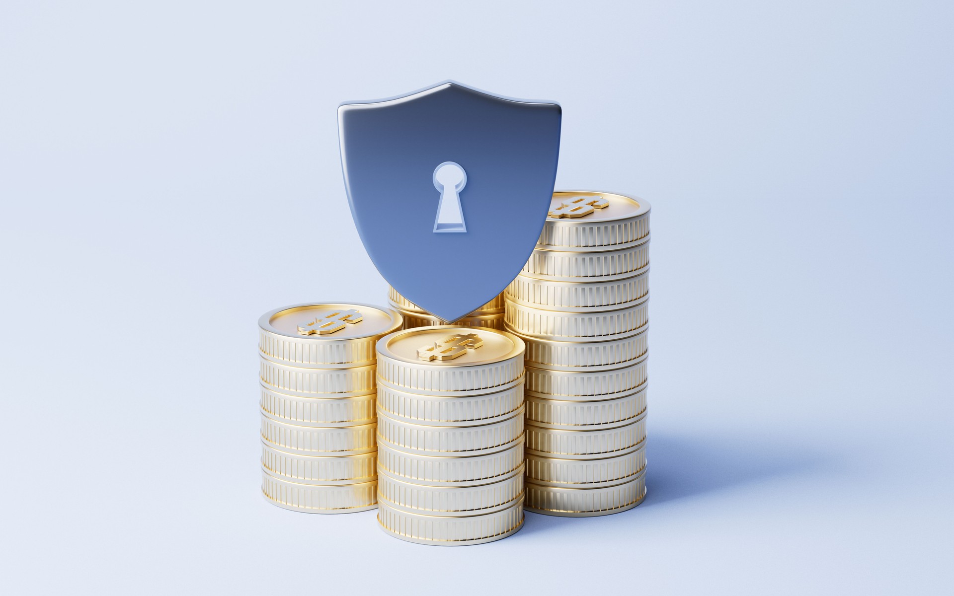 Safety shield and golden coins, 3d rendering.